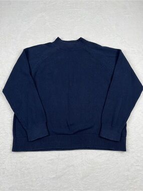 Quince Organic Cotton Mock Neck Sweater Navy Ribbed Trim L